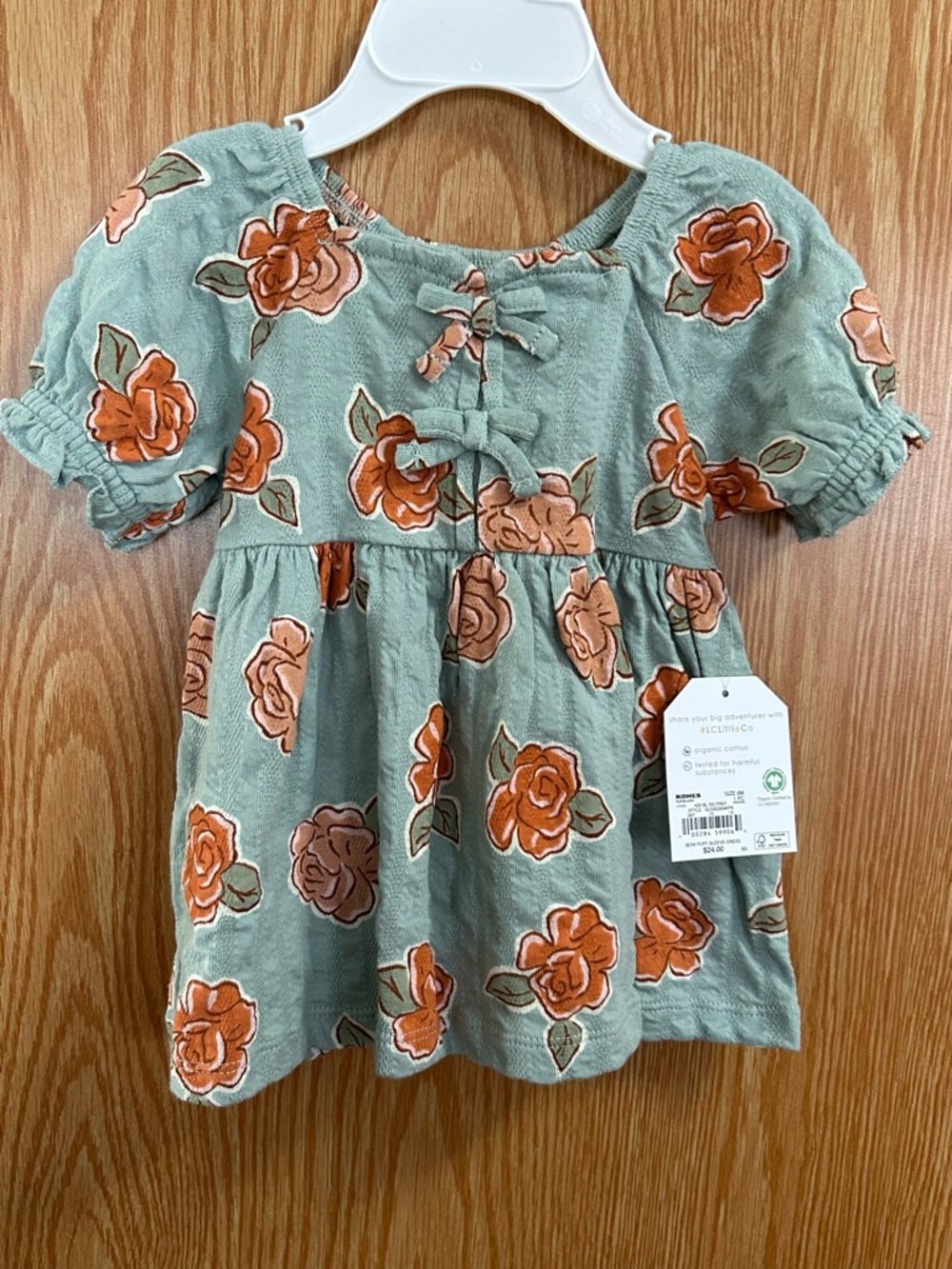 New Blue Rose Print Bow Puff Sleeve Dress